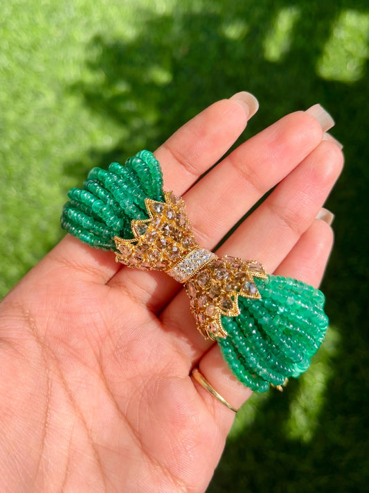 14k Gold Natural Zambian Emerald & Diamond Bracelet - 159.29 Carats Emerald, 6.3 Carats Diamond Victorian Beaded Bracelet