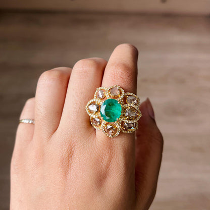 14k Gold Natural Zambian Emerald & Diamond Ring - 3.06 Carats Emerald, 3.07 Carats Diamond Victorian Ring
