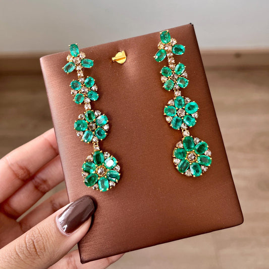14k Gold Natural Zambian Emerald & Rose Cut Diamond Earrings - 19.01 Carats Emerald, 4.38 Carats Diamond Victorian Earrings