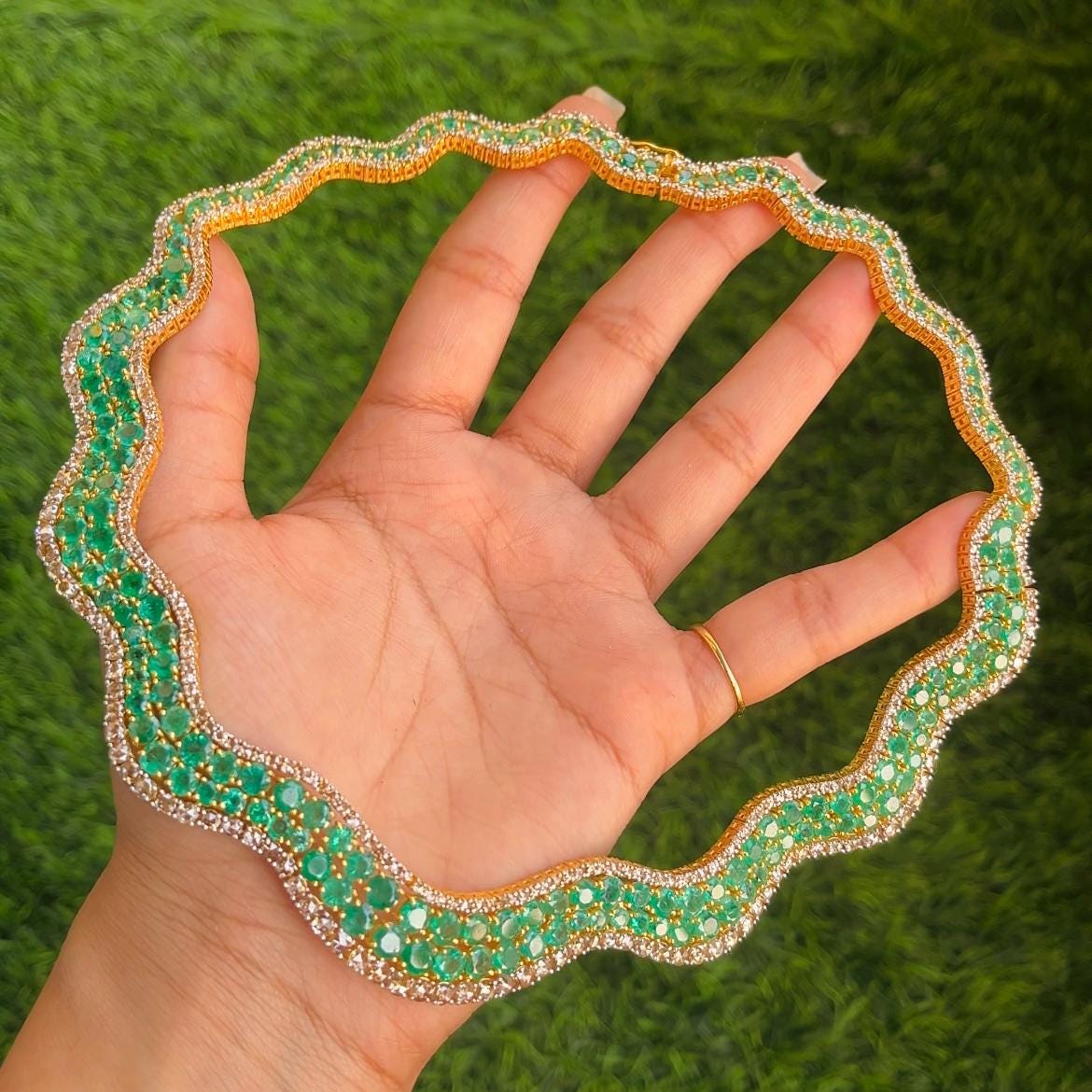 14k Gold Natural Zambian Emerald & Rose Cut Diamond Necklace - 41.23 Carats Emerald, 12.75 Carats Diamond Victorian Necklace