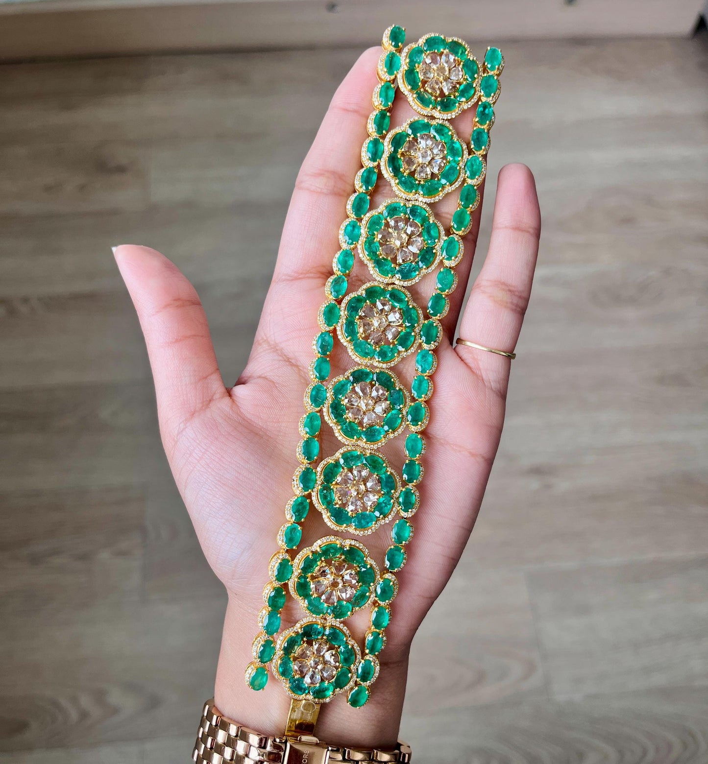 14k Gold Natural Zambian Emerald & Diamond Bracelet - 49.25 Carats Emerald, 12.24 Carats Diamond Victorian Bracelet