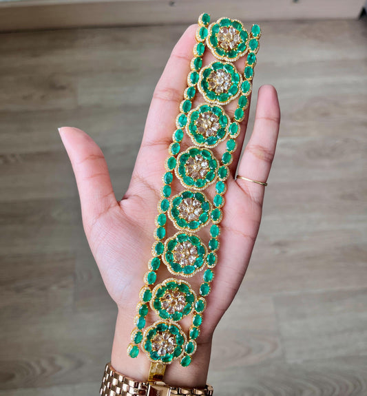 14k Gold Natural Zambian Emerald & Diamond Bracelet - 49.25 Carats Emerald, 12.24 Carats Diamond Victorian Bracelet