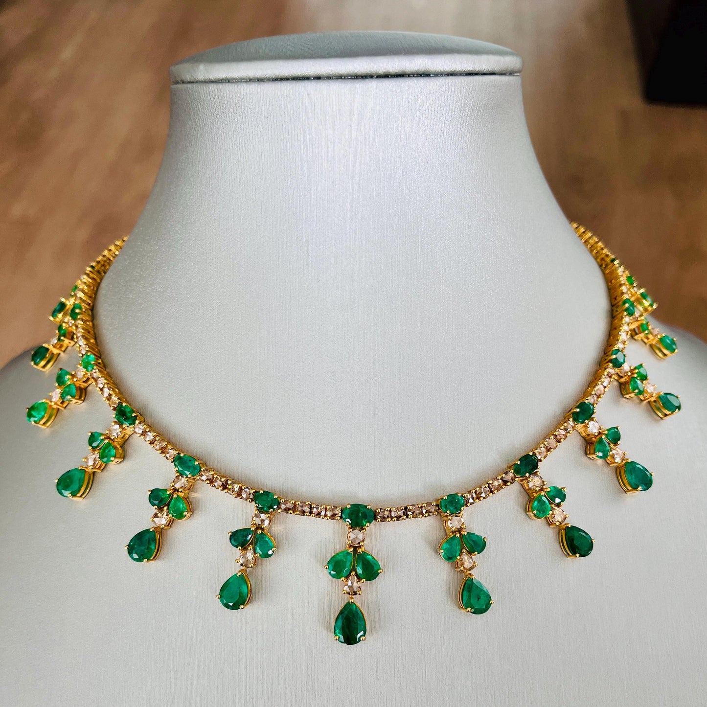 14k Gold Natural Zambian Emerald & Rose Cut Diamond Necklace - 24.21 Carats Emerald, 12.91 Carats Diamond Victorian Necklace