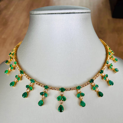 14k Gold Natural Zambian Emerald & Rose Cut Diamond Necklace - 24.21 Carats Emerald, 12.91 Carats Diamond Victorian Necklace
