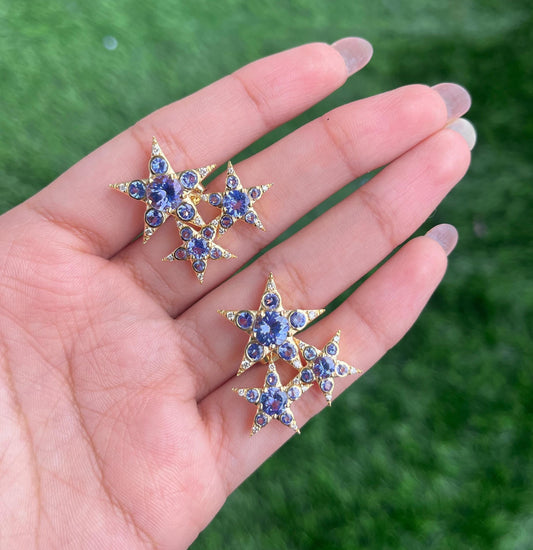 Solid Gold Natural Tanzanite & Diamond Star Victorian Stud Earrings