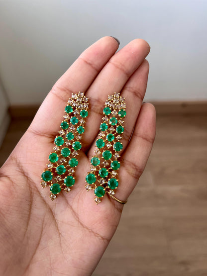 14k Gold Natural Zambian Emerald & Rose Cut Diamond Art Deco Earrings