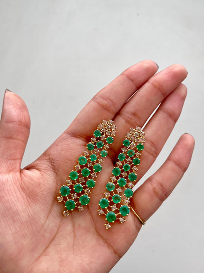 14k Gold Natural Zambian Emerald & Rose Cut Diamond Art Deco Earrings