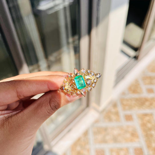14k Gold Natural Zambian Emerald & Diamond Ring - 1.47 Carats Emerald, 2.69 Carats Diamond Art Nouveau Ring