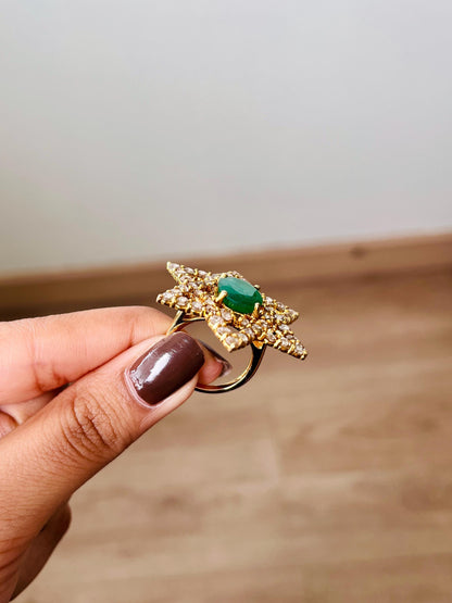 14k Gold Natural Zambian Emerald & Rose Cut Diamond Ring - 3.89 Carats Emerald, 3.25 Carats Diamond Avant Garde Ring
