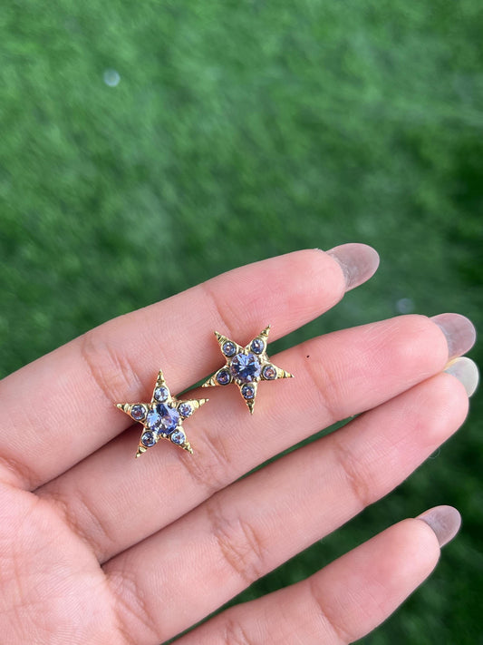 Solid Gold Natural Tanzanite Star Victorian Stud Earrings