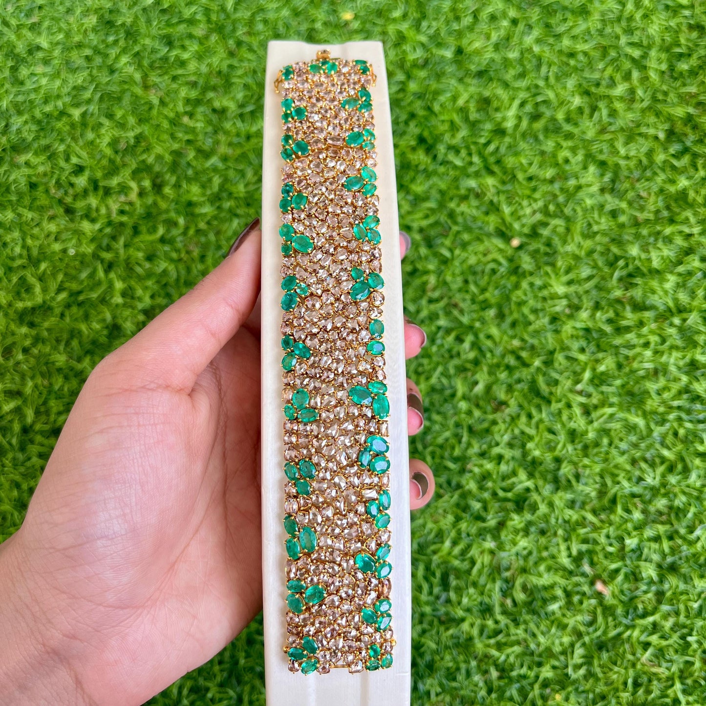14k Gold Natural Zambian Emerald & Rose Cut Diamond Bracelet - 18.7 Carats Emerald, 24.18 Carats Diamond Victorian Bracelet