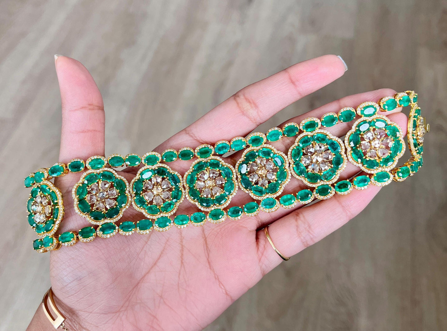 14k Gold Natural Zambian Emerald & Diamond Bracelet - 49.25 Carats Emerald, 12.24 Carats Diamond Victorian Bracelet