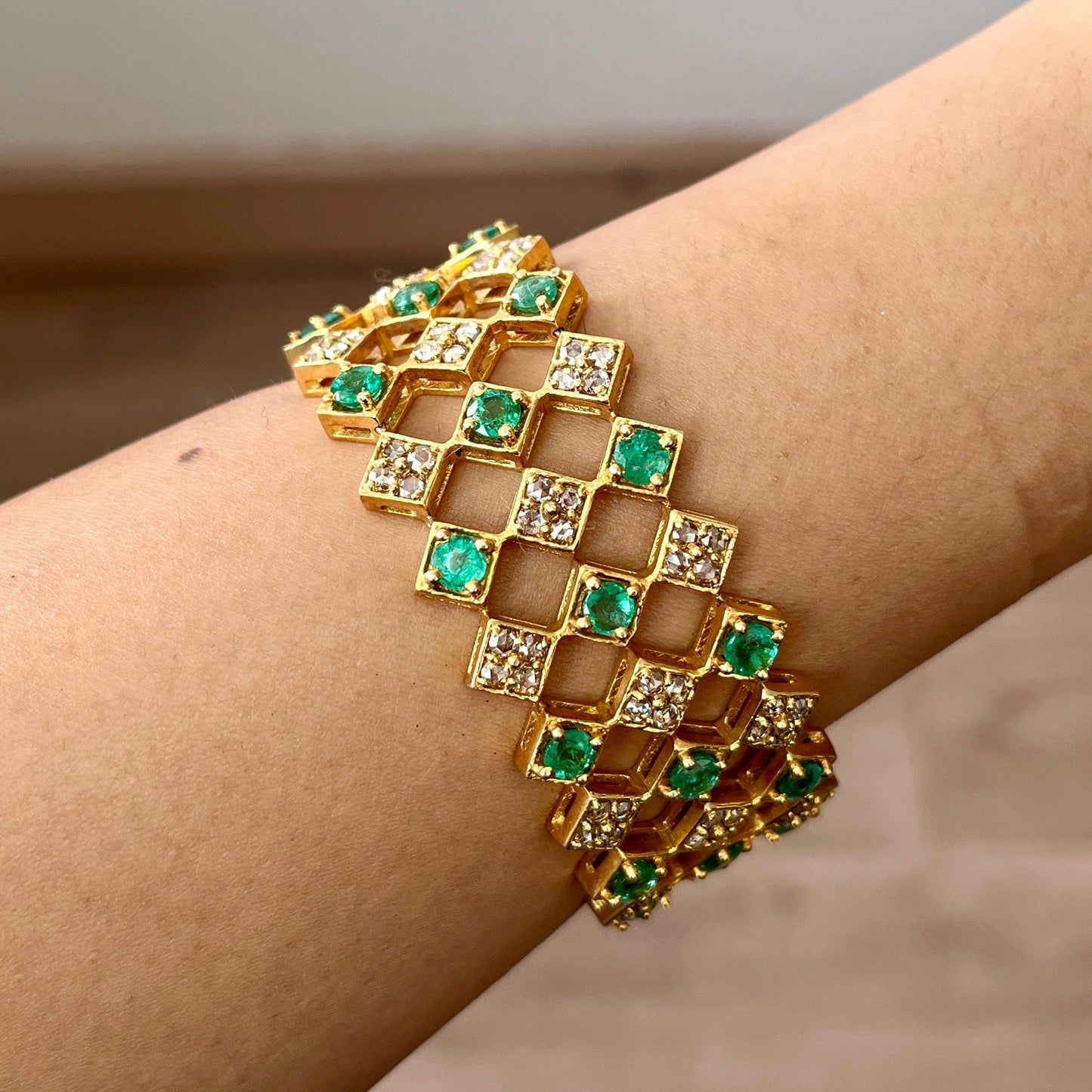 14k Gold Natural Zambian Emerald & Rose Cut Diamond Bracelet - 9.16 Carats Emerald, 5.48 Carats Diamond Art Deco Bracelet