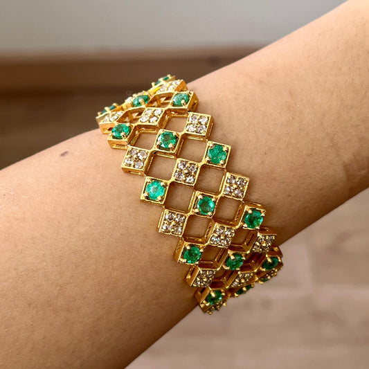 14k Gold Natural Zambian Emerald & Rose Cut Diamond Bracelet - 9.16 Carats Emerald, 5.48 Carats Diamond Art Deco Bracelet