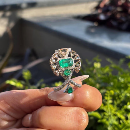 14k Gold Natural Zambian Emerald & Diamond Ring - 2.18 Carats Emerald, 2.45 Carats Diamond Art Deco Ring