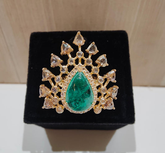 14k Gold Natural Zambian Emerald & Rose Cut Diamond Ring - 4.58 Carats Emerald, 2.22 Carats Diamond Victorian Ring