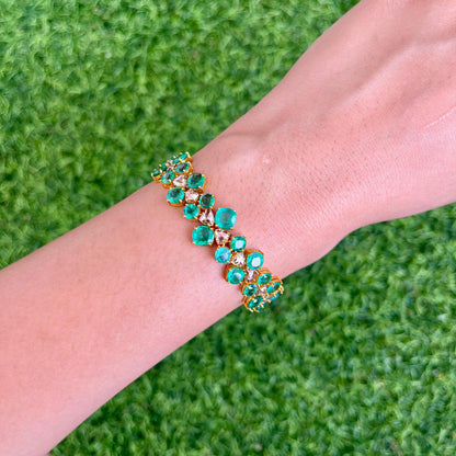14k Gold Natural Zambian Emerald & Rose Cut Diamond Bracelet - 17.5 Carats Emerald, 3.02 Carats Diamond Art Deco Bracelet