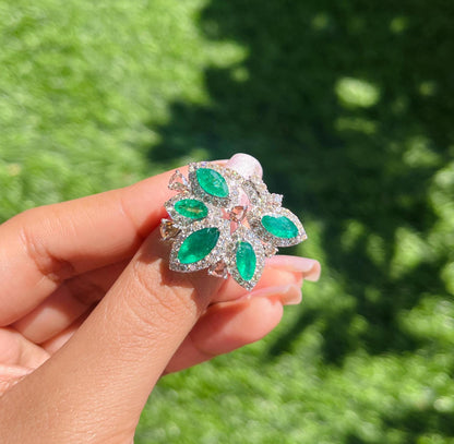 14k Gold Natural Zambian Emerald & Diamond Ring - 2.74 Carats Emerald, 1.93 Carats Diamond Art Nouveau Ring