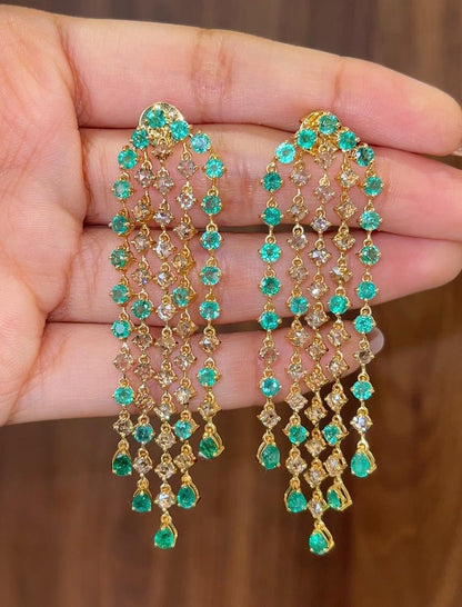 14k Gold Natural Zambian Emerald & Rose Cut Diamond Art Deco Earrings