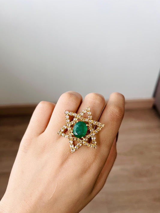 14k Gold Natural Zambian Emerald & Rose Cut Diamond Ring - 3.89 Carats Emerald, 3.25 Carats Diamond Avant Garde Ring