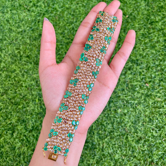 14k Gold Natural Zambian Emerald & Rose Cut Diamond Bracelet - 18.7 Carats Emerald, 24.18 Carats Diamond Victorian Bracelet