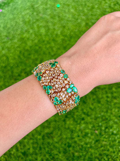 14k Gold Natural Zambian Emerald & Rose Cut Diamond Bracelet - 18.7 Carats Emerald, 24.18 Carats Diamond Victorian Bracelet