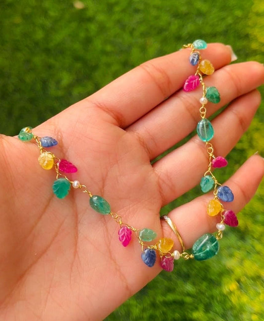 The Celeste Garland Necklace II - 14k Gold Natural Zambian Emerald, Sapphire & Ruby Art Nouveau Beaded Necklace