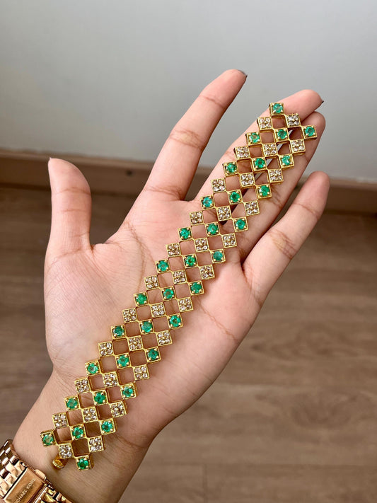 14k Gold Natural Zambian Emerald & Rose Cut Diamond Bracelet - 9.16 Carats Emerald, 5.48 Carats Diamond Art Deco Bracelet