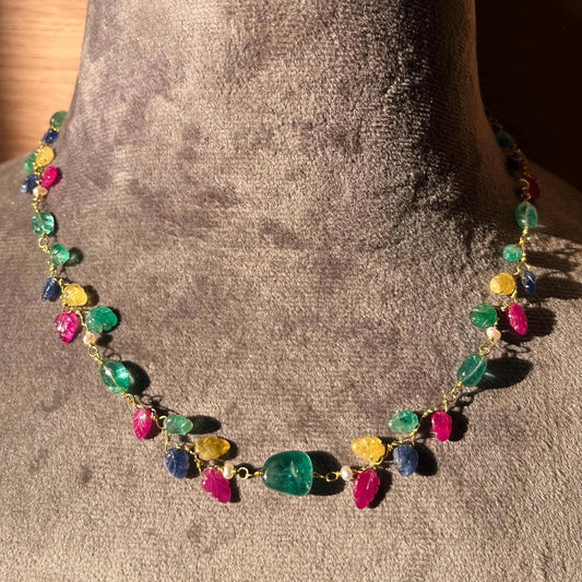 The Celeste Garland Necklace II - 14k Gold Natural Zambian Emerald, Sapphire & Ruby Art Nouveau Beaded Necklace
