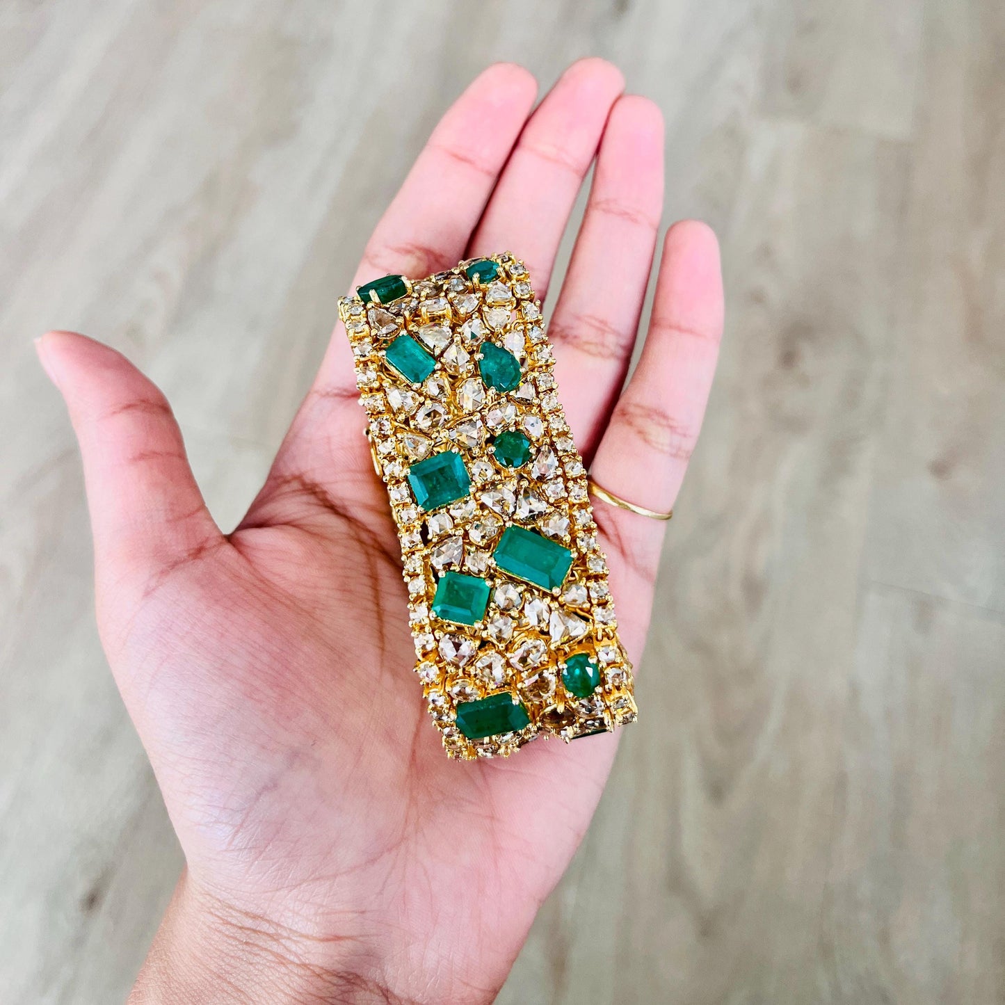 14k Gold Natural Zambian Emerald & Rose Cut Diamond Bracelet - 23.75 Carats Emerald, 31.1 Carats Diamond Victorian Bracelet