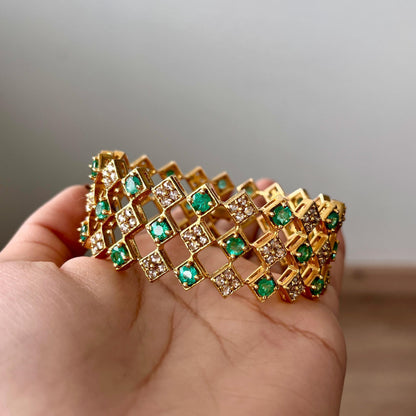 14k Gold Natural Zambian Emerald & Rose Cut Diamond Bracelet - 9.16 Carats Emerald, 5.48 Carats Diamond Art Deco Bracelet