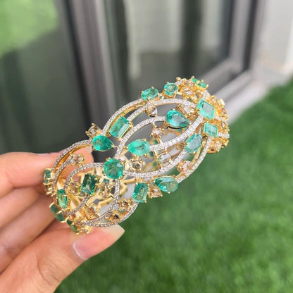14k Gold Natural Zambian Emerald & Diamond Bracelet - 13.88 Carats Emerald, 7.62 Carats Diamond Art Nouveau Cuff Bracelet