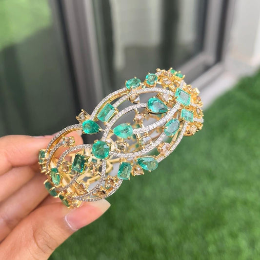14k Gold Natural Zambian Emerald & Diamond Bracelet - 13.88 Carats Emerald, 7.62 Carats Diamond Art Nouveau Cuff Bracelet