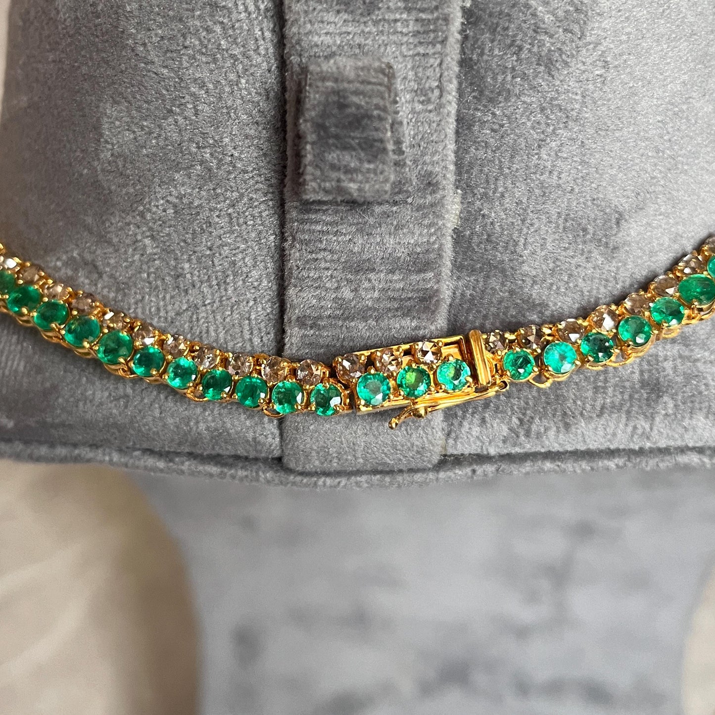 14k Gold Natural Zambian Emerald & Rose Cut Diamond Necklace - 50.6 Carats Emerald, 21.43 Carats Diamond Victorian Necklace