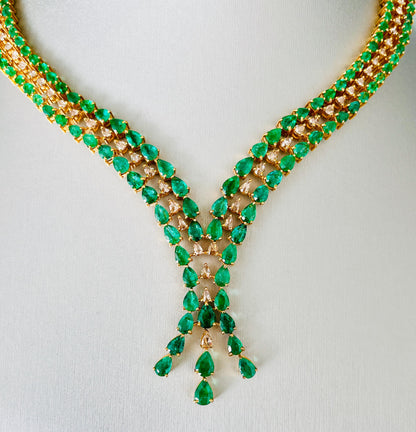 14k Gold Natural Zambian Emerald & Rose Cut Diamond Necklace - 25.94 Carats Emerald, 3.4 Carats Diamond Victorian Necklace