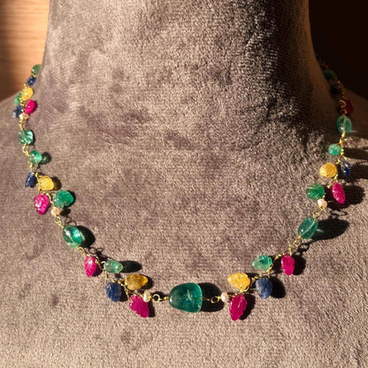 The Celeste Garland Necklace II - 14k Gold Natural Zambian Emerald, Sapphire & Ruby Art Nouveau Beaded Necklace