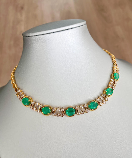 14k Gold Natural Zambian Emerald & Rose Cut Diamond Necklace - 15.41 Carats Emerald, 5.68 Carats Diamond Victorian Necklace