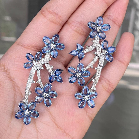 14k Gold Natural Blue Sapphire & Diamond Earrings - 21.48 Carats Sapphire, 1.83 Carats Diamond Art Nouveau Earrings