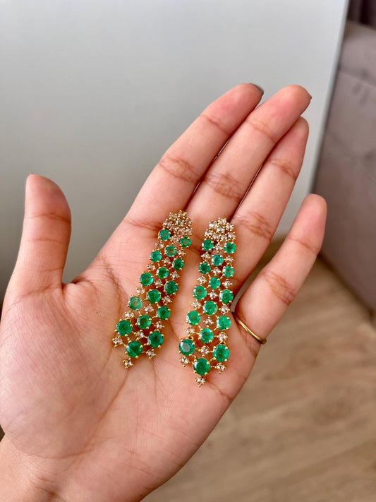 14k Gold Natural Zambian Emerald & Rose Cut Diamond Art Deco Earrings