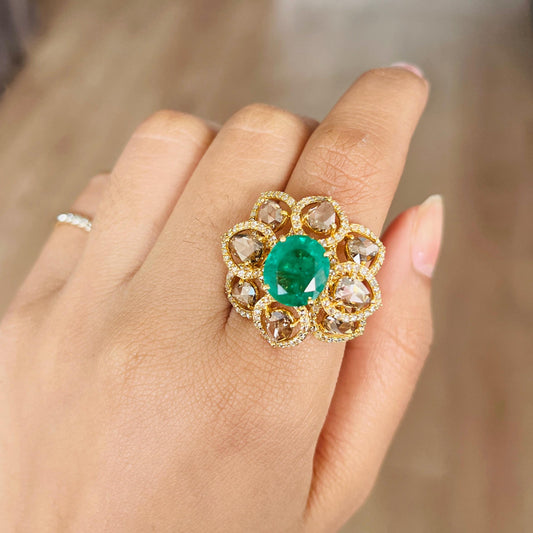 14k Gold Natural Zambian Emerald & Diamond Ring - 3.06 Carats Emerald, 3.07 Carats Diamond Victorian Ring