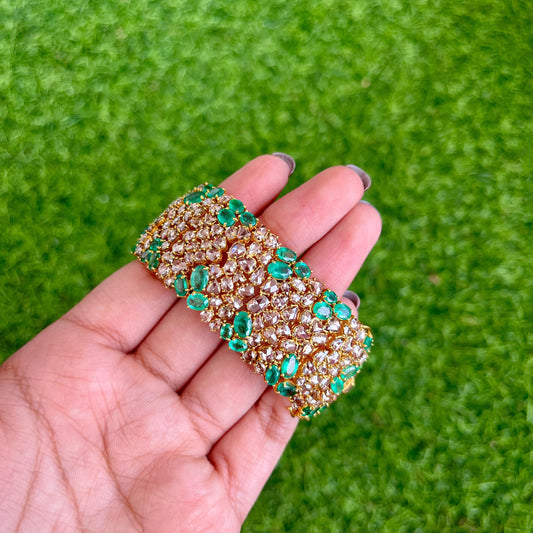 14k Gold Natural Zambian Emerald & Rose Cut Diamond Bracelet - 18.7 Carats Emerald, 24.18 Carats Diamond Victorian Bracelet