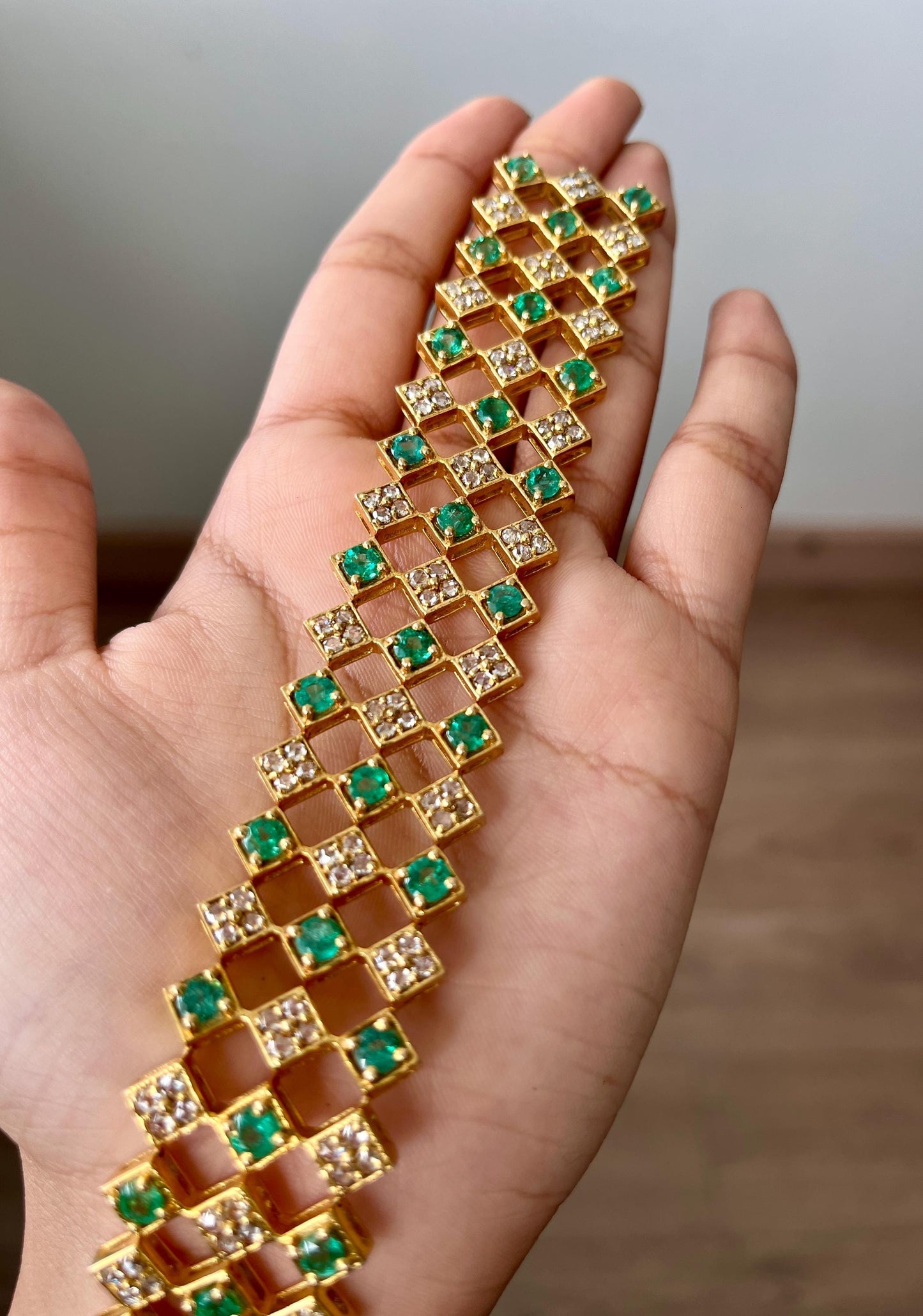 14k Gold Natural Zambian Emerald & Rose Cut Diamond Bracelet - 9.16 Carats Emerald, 5.48 Carats Diamond Art Deco Bracelet
