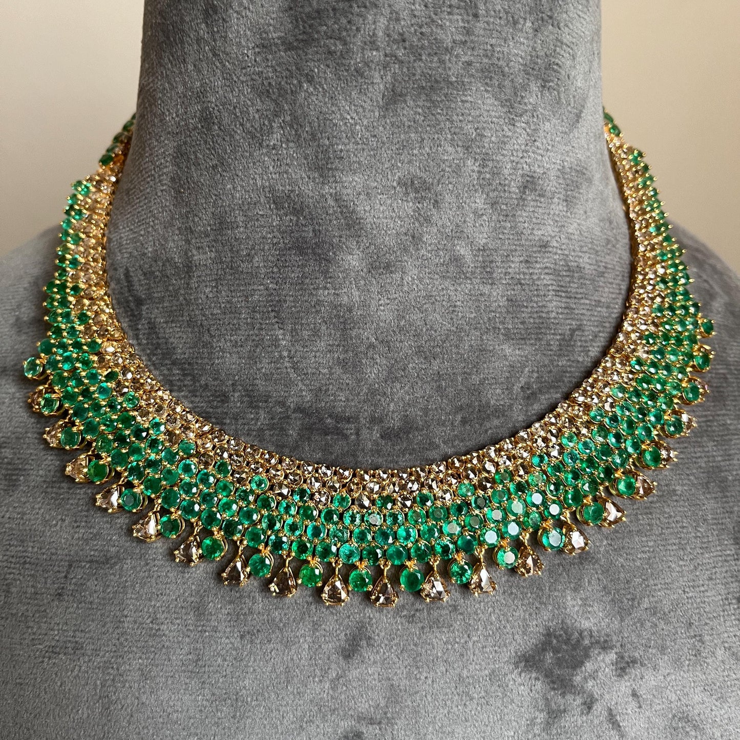 14k Gold Natural Zambian Emerald & Rose Cut Diamond Necklace - 50.6 Carats Emerald, 21.43 Carats Diamond Victorian Necklace