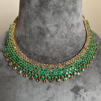 14k Gold Natural Zambian Emerald & Rose Cut Diamond Necklace - 50.6 Carats Emerald, 21.43 Carats Diamond Victorian Necklace