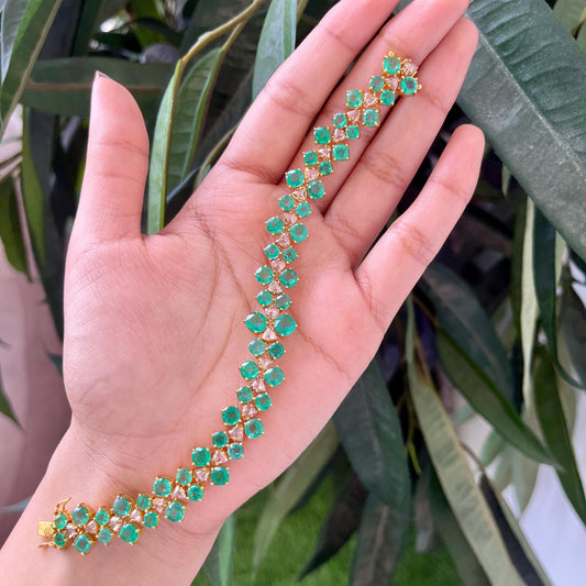 14k Gold Natural Zambian Emerald & Rose Cut Diamond Bracelet - 17.5 Carats Emerald, 3.02 Carats Diamond Art Deco Bracelet