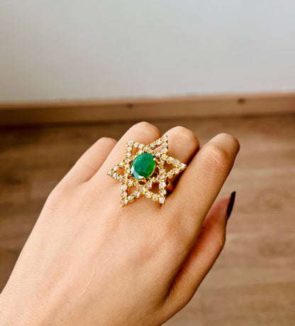 14k Gold Natural Zambian Emerald & Rose Cut Diamond Ring - 3.89 Carats Emerald, 3.25 Carats Diamond Avant Garde Ring