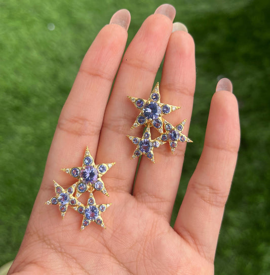 Solid Gold Natural Tanzanite & Diamond Star Victorian Stud Earrings