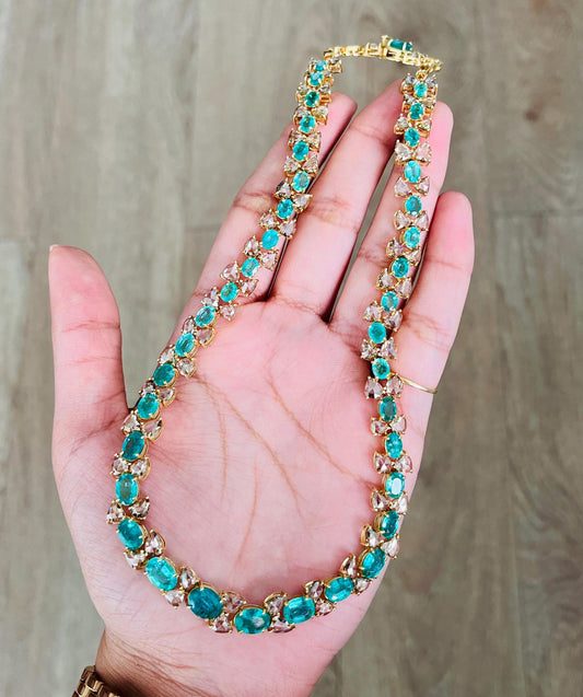 14k Gold Natural Zambian Emerald & Rose Cut Diamond Necklace - 19.25 Carats Emerald, 13.98 Carats Diamond Victorian Necklace