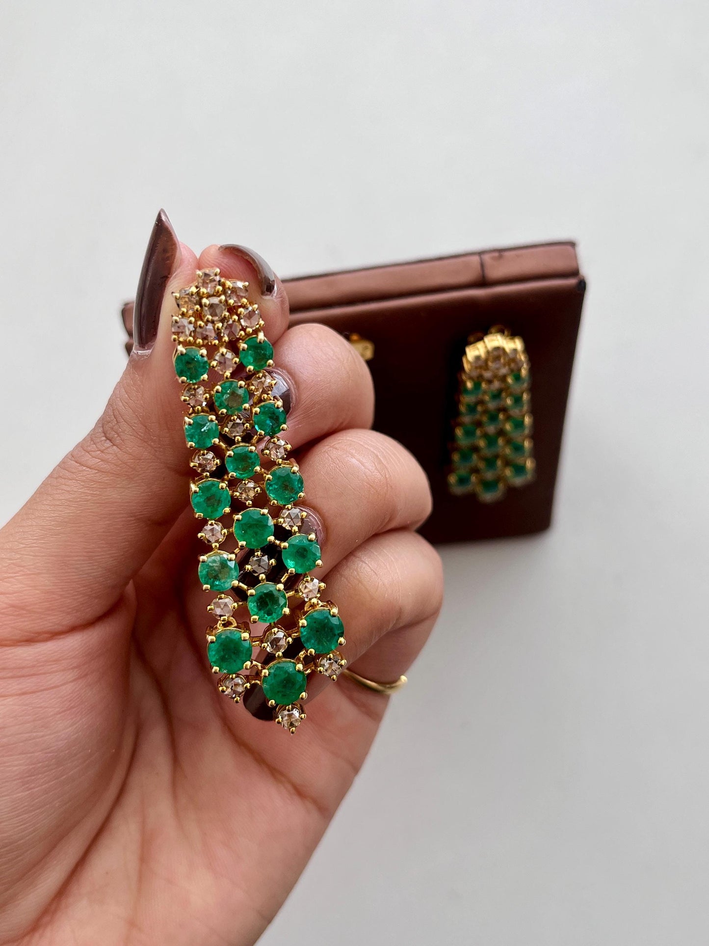 14k Gold Natural Zambian Emerald & Rose Cut Diamond Art Deco Earrings