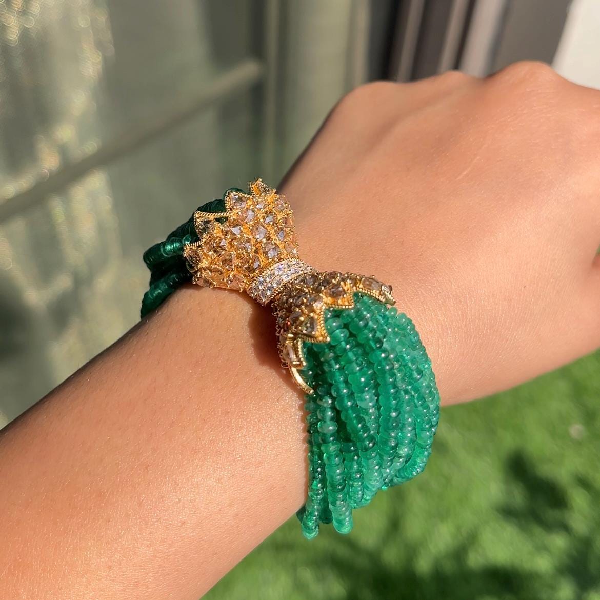 14k Gold Natural Zambian Emerald & Diamond Bracelet - 159.29 Carats Emerald, 6.3 Carats Diamond Victorian Beaded Bracelet